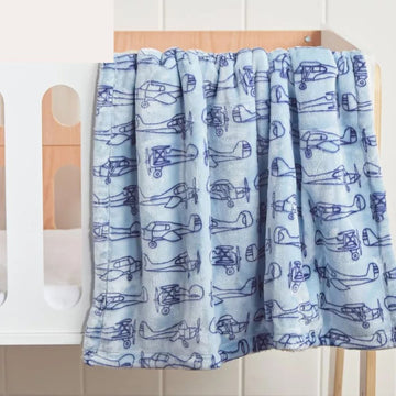 Dark Blue Airplane Pattern On Soft Light Blue Baby Blanket