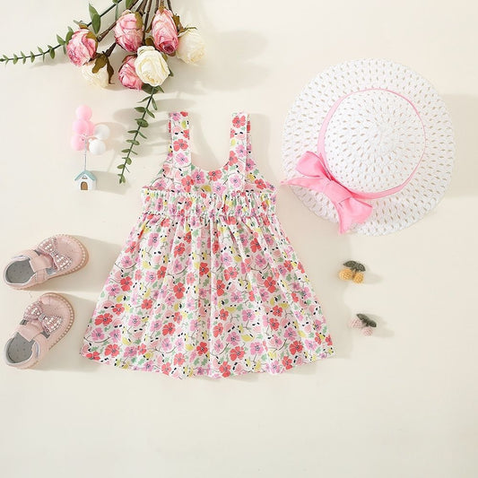 Floral Print Sleeveless Bow Embellished Frock