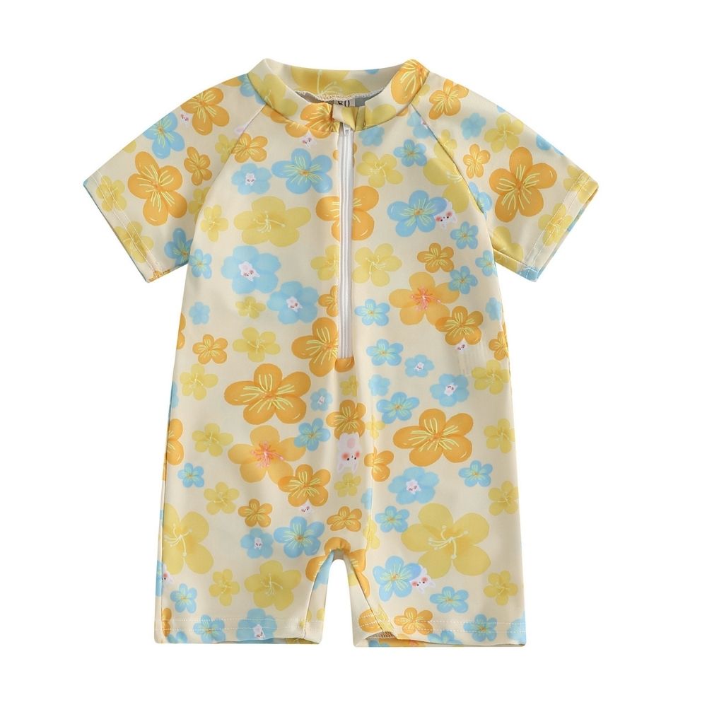 Flower Print Half Sleeve Zipper Swimwear for Girls