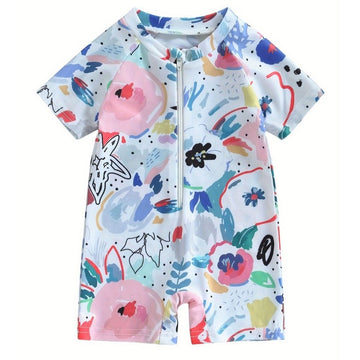 Baby Watercolor Print Short-Sleeve Rash Guard Swimsuit