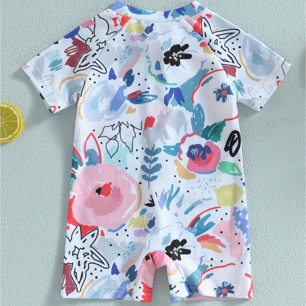 Baby Watercolor Print Short-Sleeve Rash Guard Swimsuit