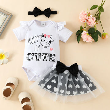 Cutie White Onesies And Mini Net Skirt Heart Print With Bow Headband Set For Girls