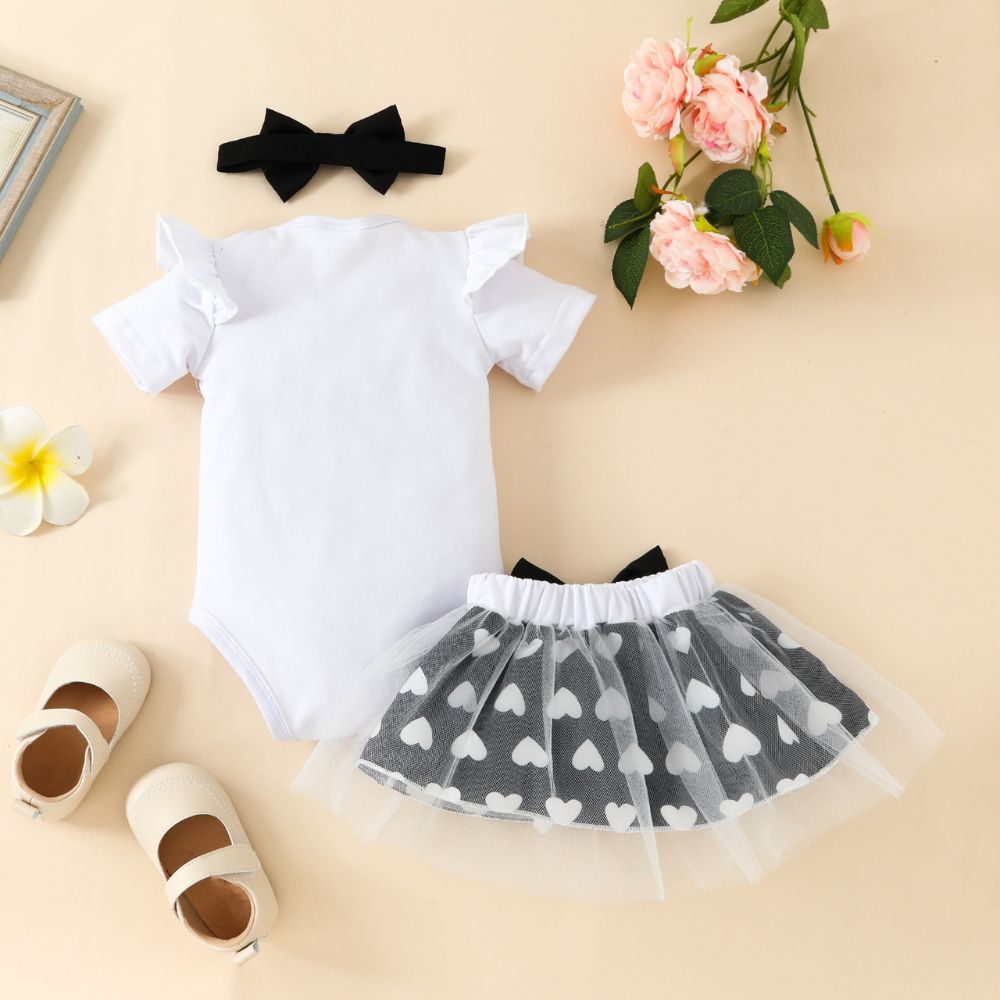 Cutie White Onesies And Mini Net Skirt Heart Print With Bow Headband Set For Girls