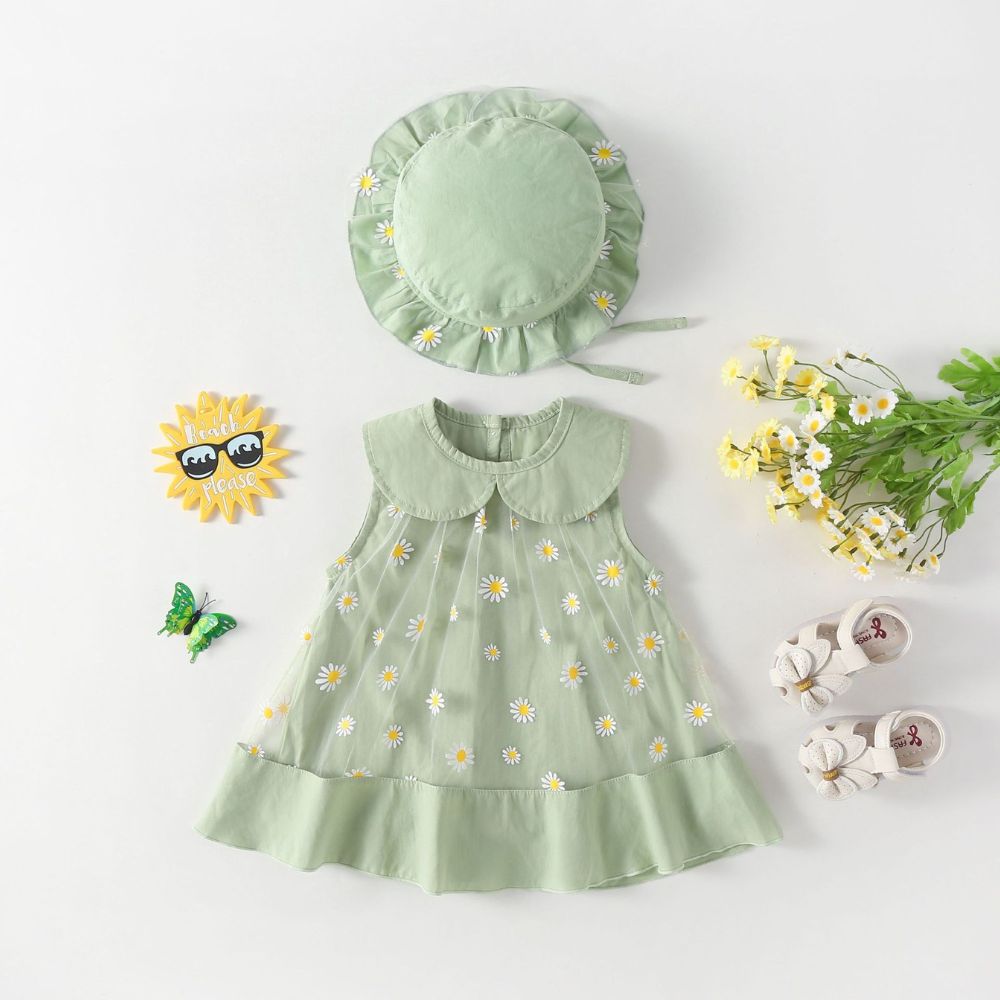 Sunflower Hand Print Daily Wear Casual Cotton And Net Frock With Matching Hat