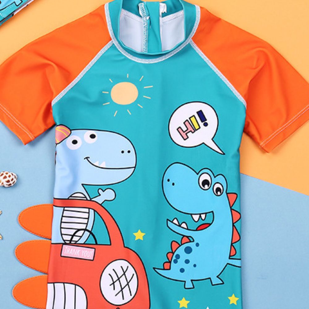 Cute Two Dinosaur Printed Swimsuit With Kids