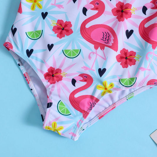Girls Flamingo Print Ruffled Shoulder Swimming Costume