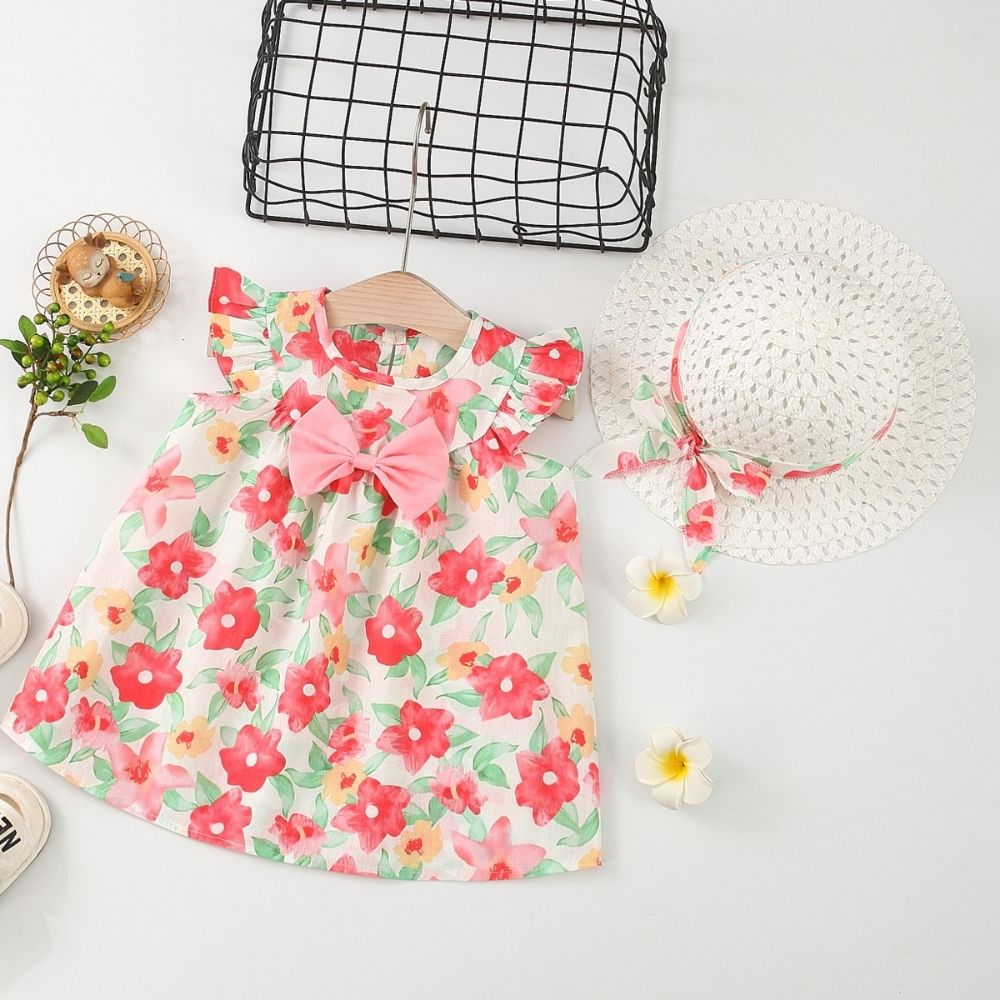 Floral Print Sleeveless Frock With Hat