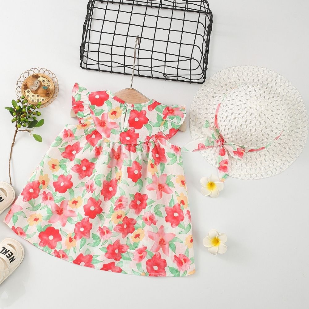 Floral Print Sleeveless Frock With Hat