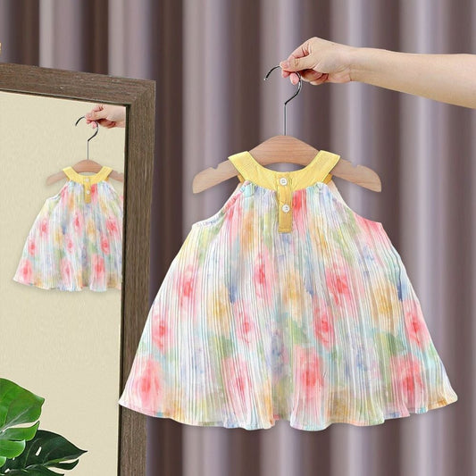 Sleeveless Colourful  Floral Prints Flared Stylish Casual Frock For Girls