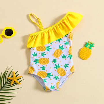 Girls Asymmetric Ruffled Pineapple Print Swimsuit