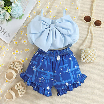 Large Bow Elastic Sleeveless Short Top With Matching Ruffled Pant Dress Set For Baby Girls