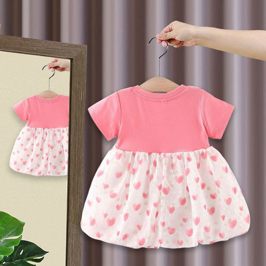 Soft Pink Tees With Attached Sleeveless Frock Heart Print For Girls