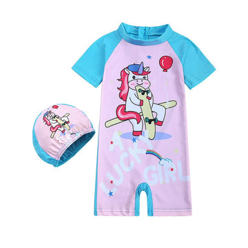 Girls Unicorn One-Piece Rash Guard Swimsuit Set