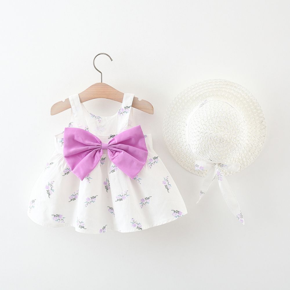 White Cotton Large Bow Stylish Casual Frock With Hat