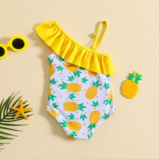 Girls Asymmetric Ruffled Pineapple Print Swimsuit