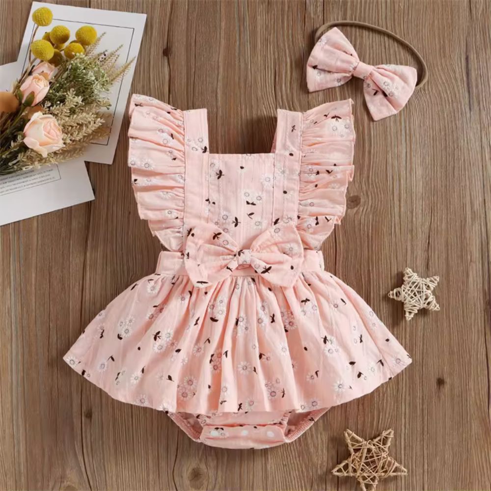 Floral Print Cotton Frock Style Baby Bodysuit With Headband 6 To 12 Month