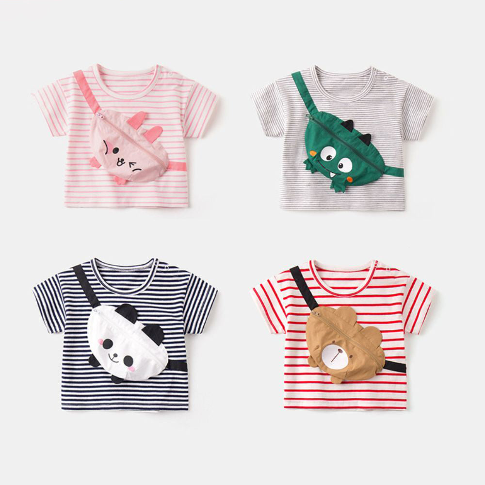 Infant Baby Soft Short Sleeve Striped Tees With Attached Cartoon Designed Pouch