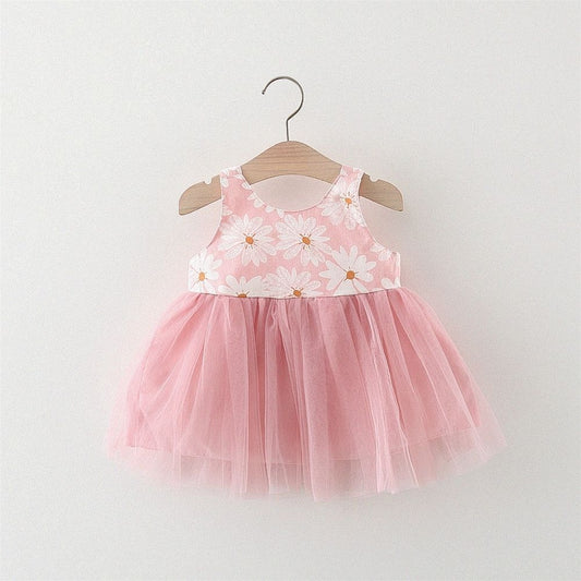 Large Bow Tied Soft Net Sleeveless Baby Party Frock