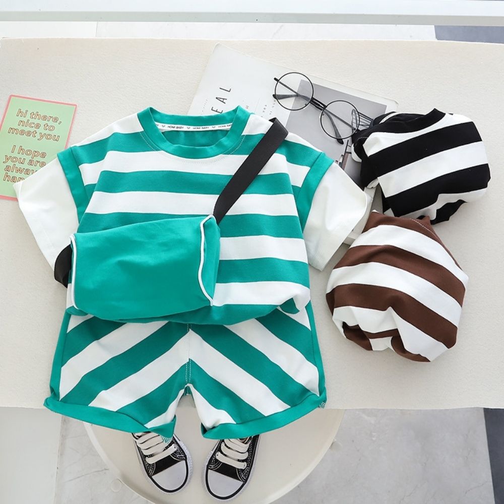 Short Sleeve Cotton Stripe Tees With Shorts Co-ord Set For Boys