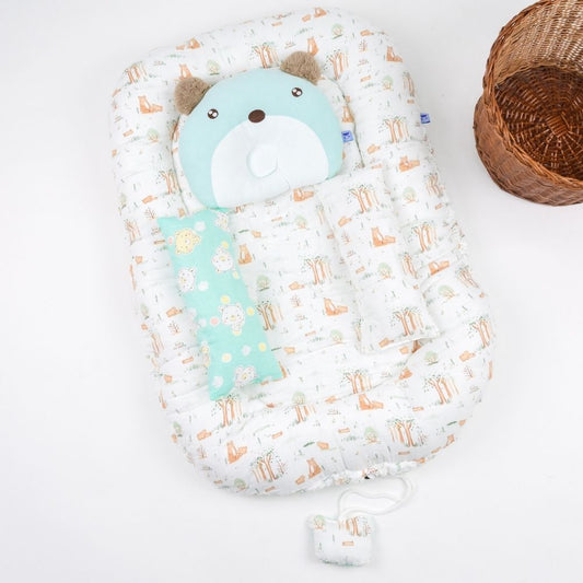 Super Soft Muslin Baby Reversible Mattress Set Cute Bear Prints With Pillow And Bolsters