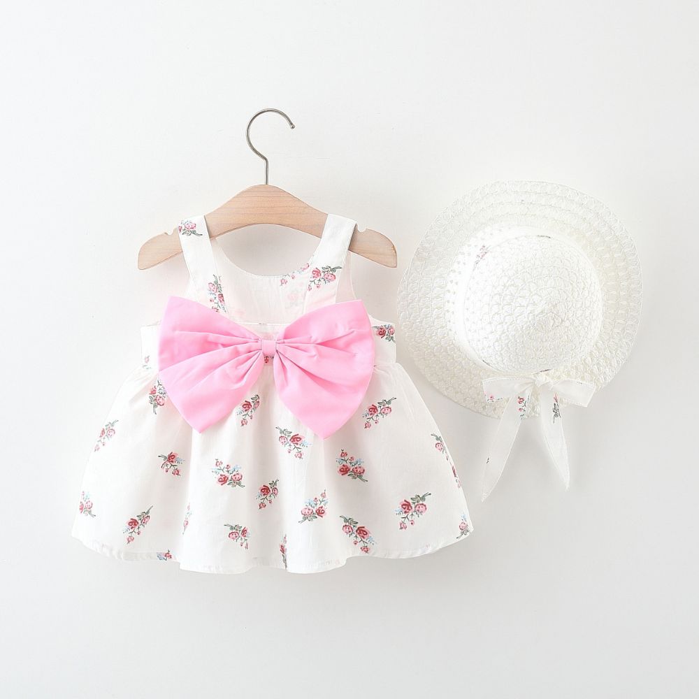 White Cotton Large Bow Stylish Casual Frock With Hat