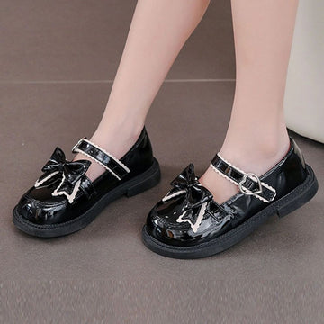 Bow & Heart Buckle Girls Black Patent Sandals