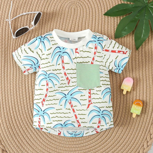 Sea Waves & Trees Printed Stylish Tees And Shorts Set Monsoon Wear For Kids