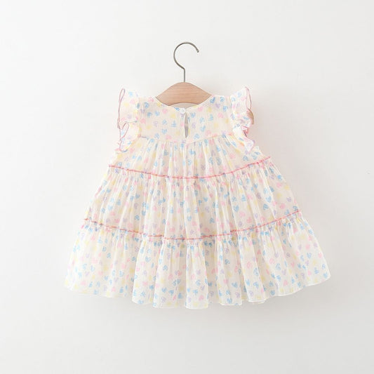 Baby Girl Heart Print Soft Silk Tiered Party Wear Frocks