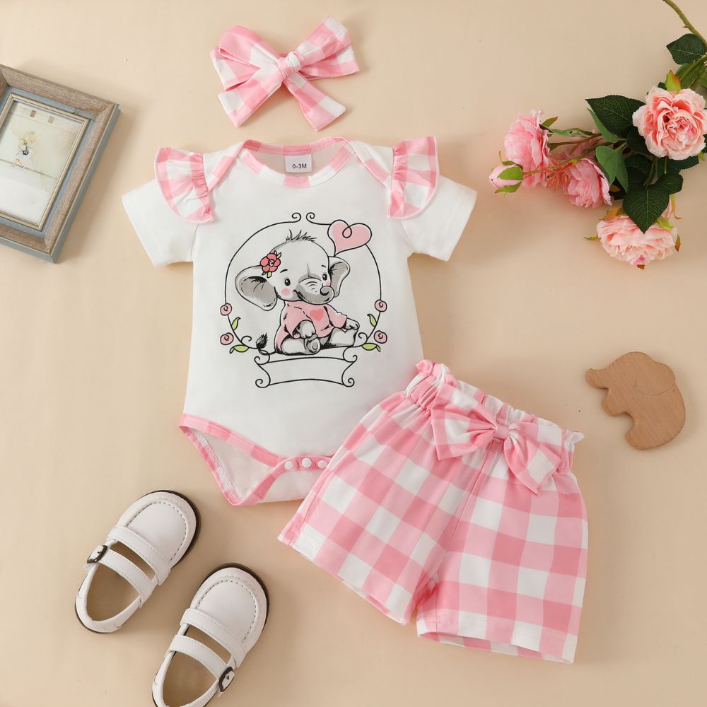 Baby Elephant Print Onesie Dress With Matching Bow Pants And Headband