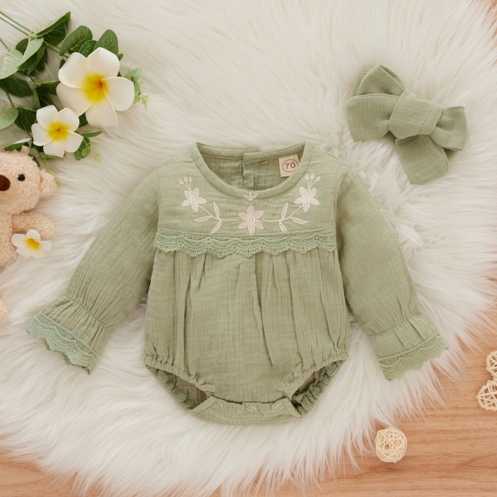 Muslin Cotton Full Sleeve Lace Decorated Bodysuit With Headband