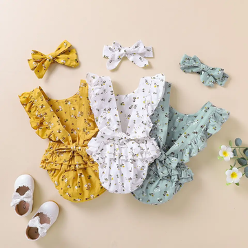 Girls Floral Print Onesies with Headband