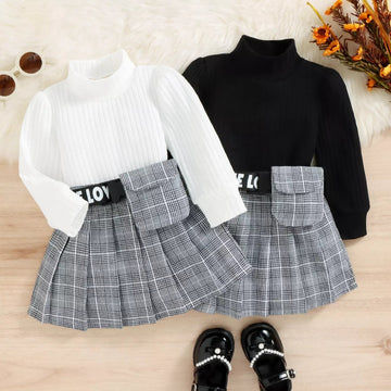 Turtle Neck Full Sleeves Top with Plaid Skirt Set