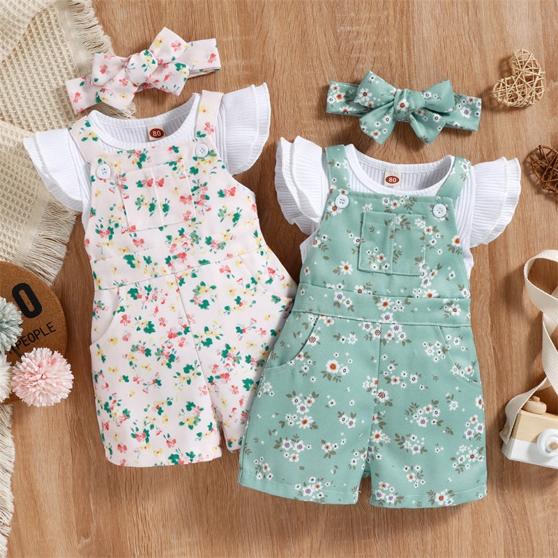 Girls Floral Ribbed Ruffle Tops Rompers Overalls Set With Headband