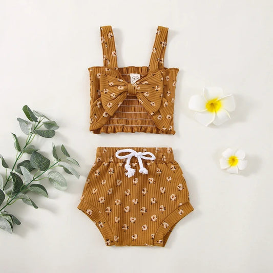 Bowknot Floral Print Strap Vest Crop Top Shorts Co-ord Sets