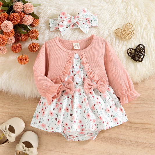 Floral Print Ruffled Onesie With Bow Headband Set