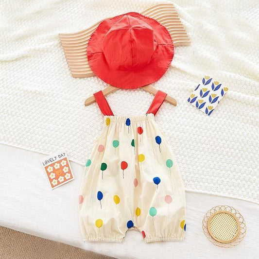 Balloon Printed Sleeveless Cotton Fashionable Jumpsuit With Cap
