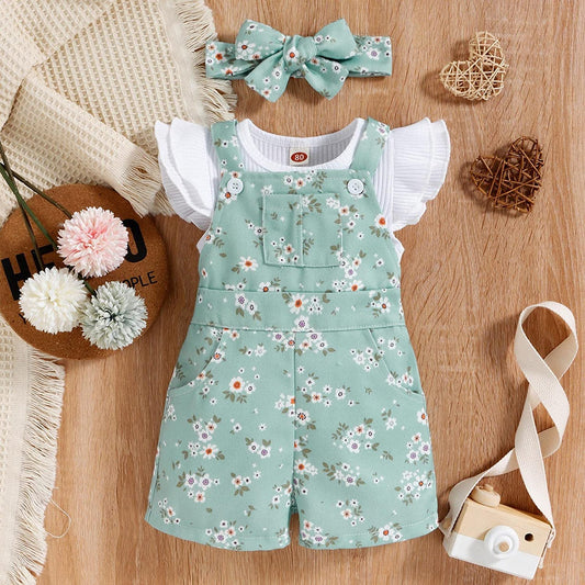 Girls Floral Ribbed Ruffle Tops Rompers Overalls Outfits Set