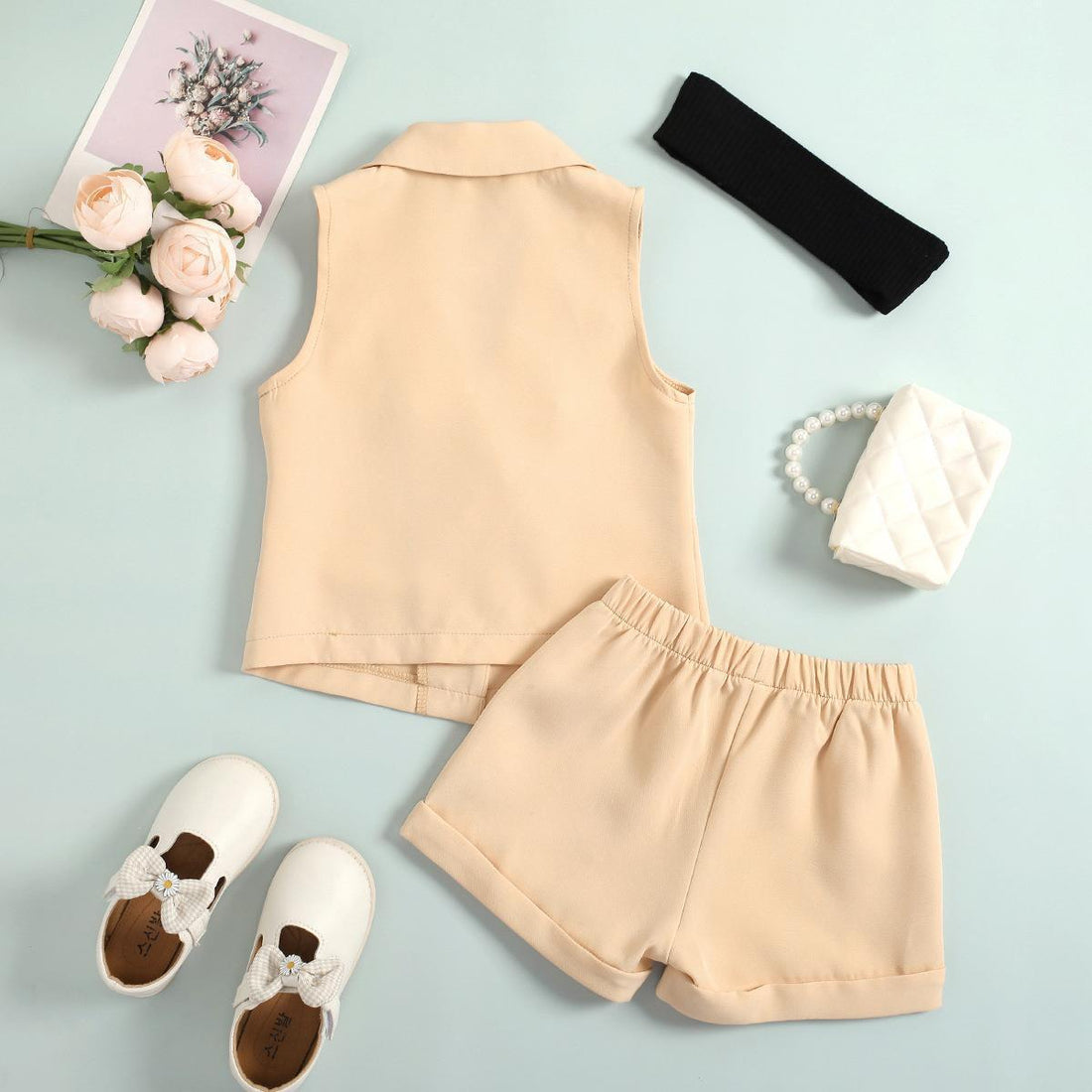 Girls Double Button Vest & Bandeau With Shorts Co-ord Set
