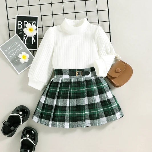 Turtle Neck Full Sleeves Top with Plaid Skirt Set